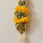 Shubh Labh yellow floral Ganesha hanging pair, detail view