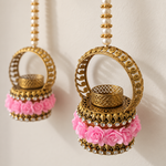 Pink Rose Antique Gold Diya Hanging Pair – close-up view