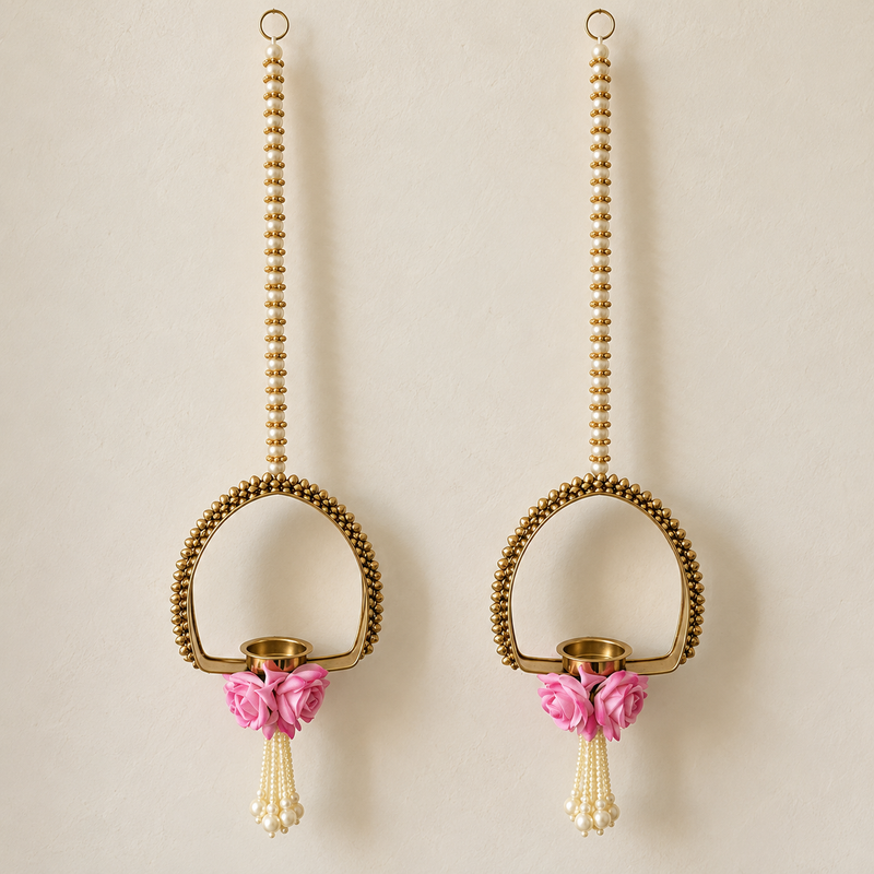 Pink Rose Gold Diya Hanging Pair – overall view