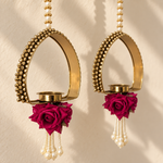 Red Rose Gold Diya Hanging Pair – close-up view