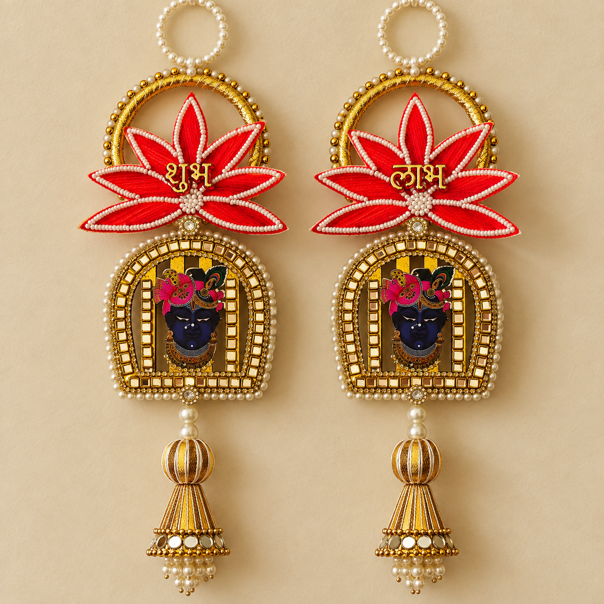 Red Lotus Shrinathji Shubh Labh Hanging – Pair — close