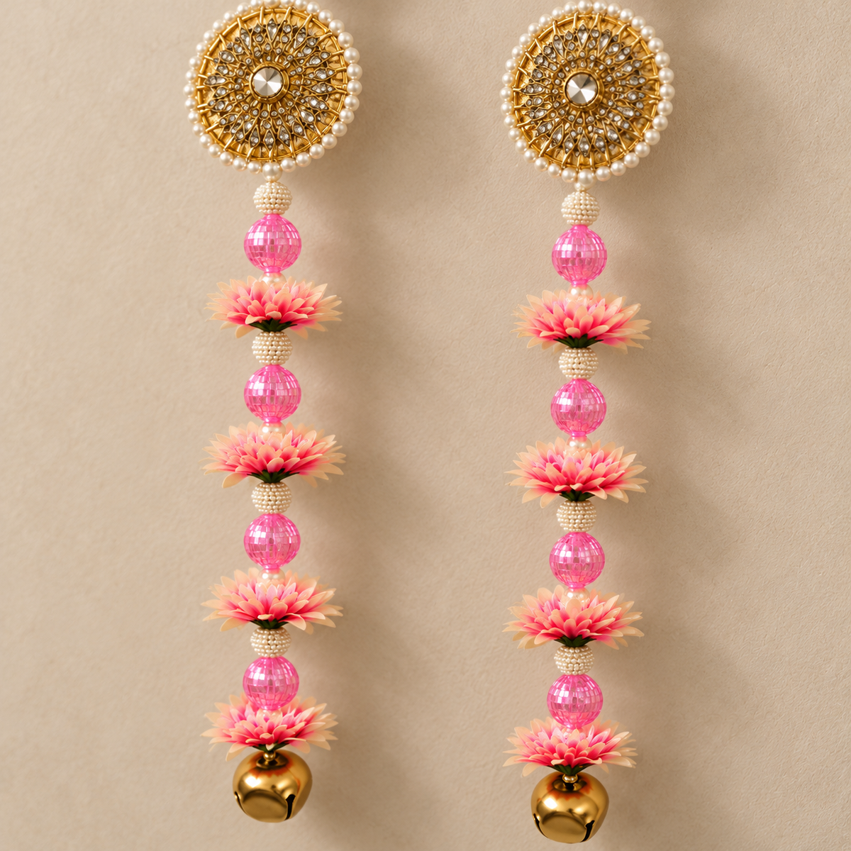 Pink Floral Mirror Pearl Hanging – Pair — close view