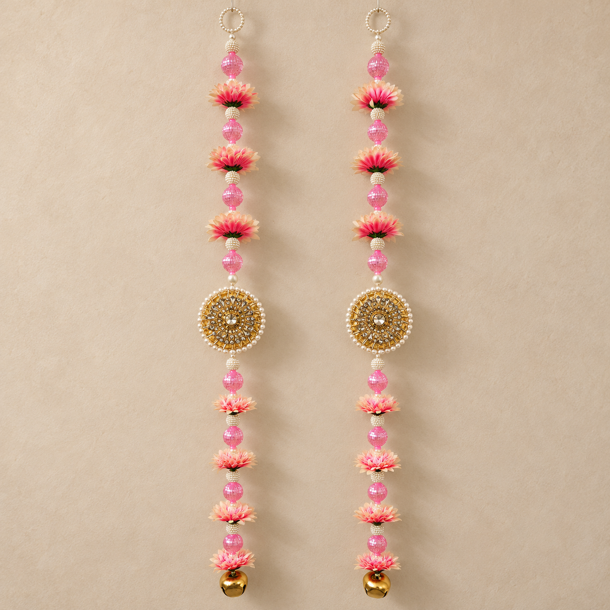 Pink Floral Mirror Pearl Hanging – Pair — main view