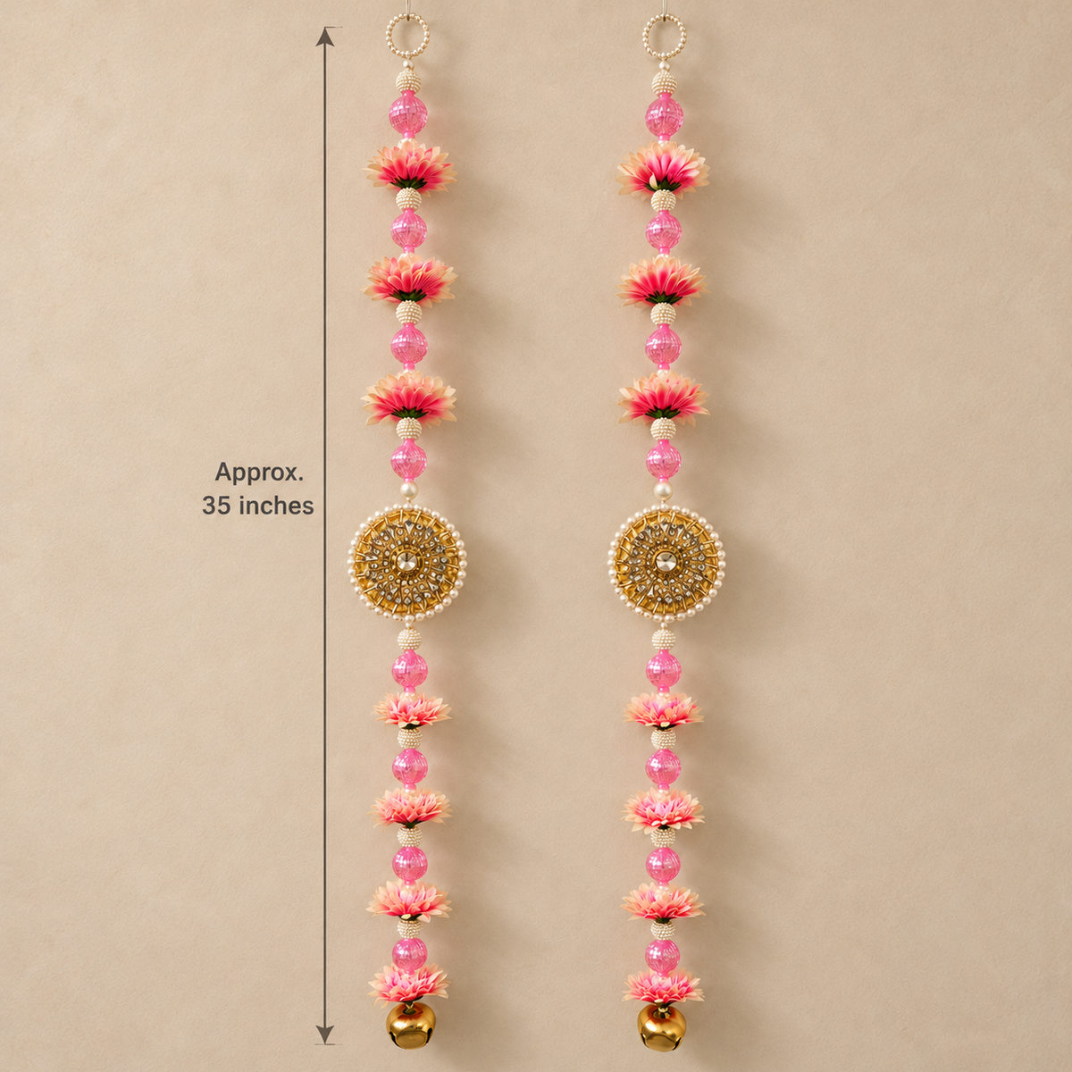 Pink Floral Mirror Pearl Hanging – Pair — measurement view, approx. 35 inches per hanging