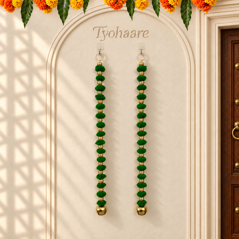 Long Green Pom-Pom Festive Hanging - Pair of 2 - view 1