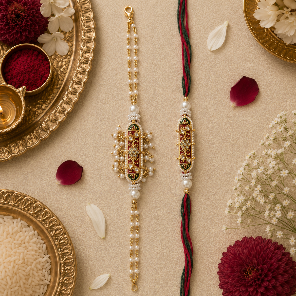 Maroon Meenakari floral bar Rakhi and pearl chain bracelet set - full view