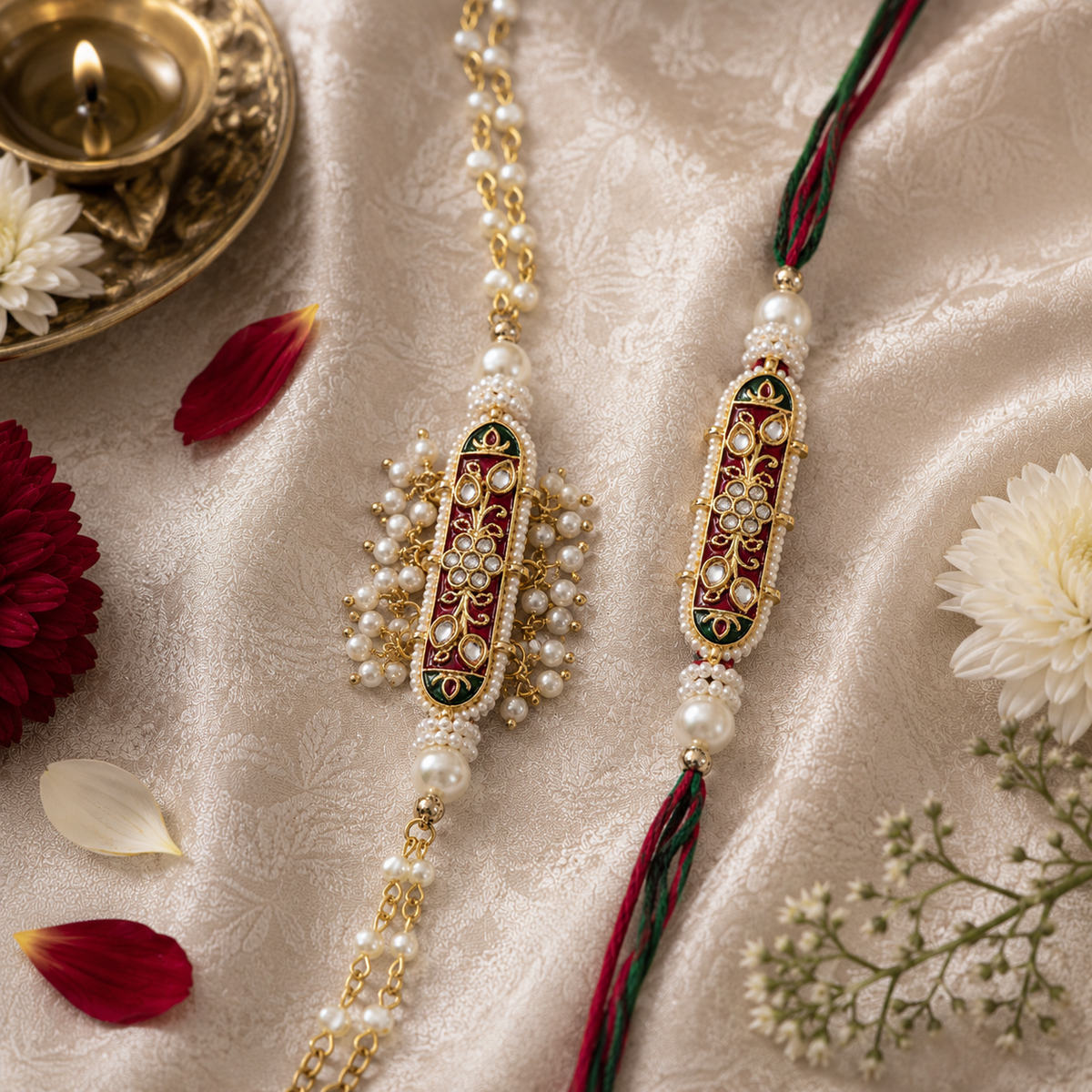 Maroon Meenakari floral bar Rakhi and pearl chain bracelet set - styled view
