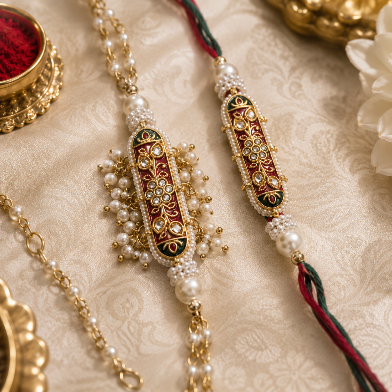 Maroon Meenakari floral bar Rakhi and pearl chain bracelet set - close-up