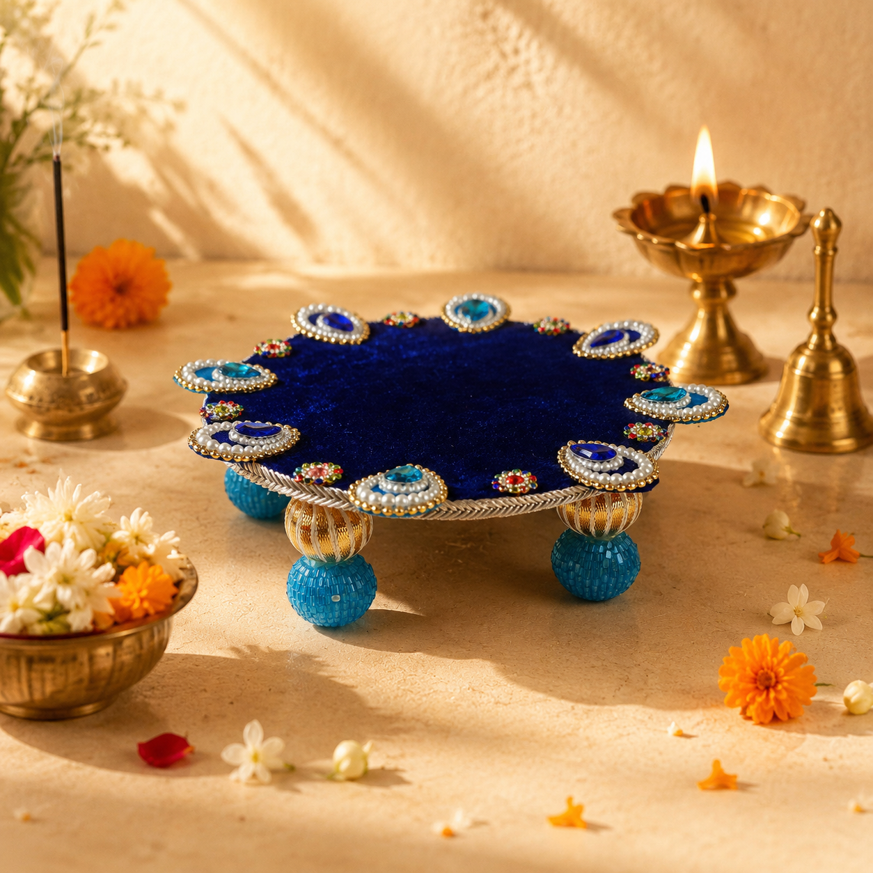 Turquoise Mirror Mini Singhasan – 6 × 6 Inch – angle view