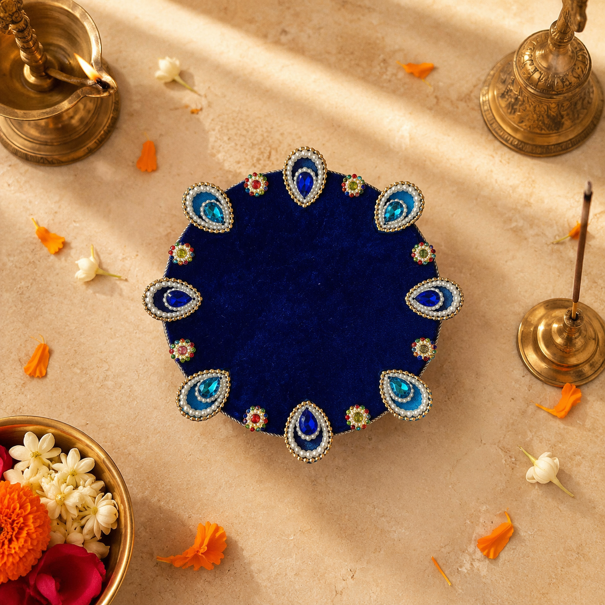 Turquoise Mirror Mini Singhasan – 6 × 6 Inch – front view