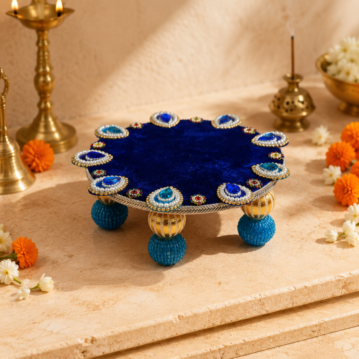 Turquoise Mirror Mini Singhasan – 6 × 6 Inch – low angle view