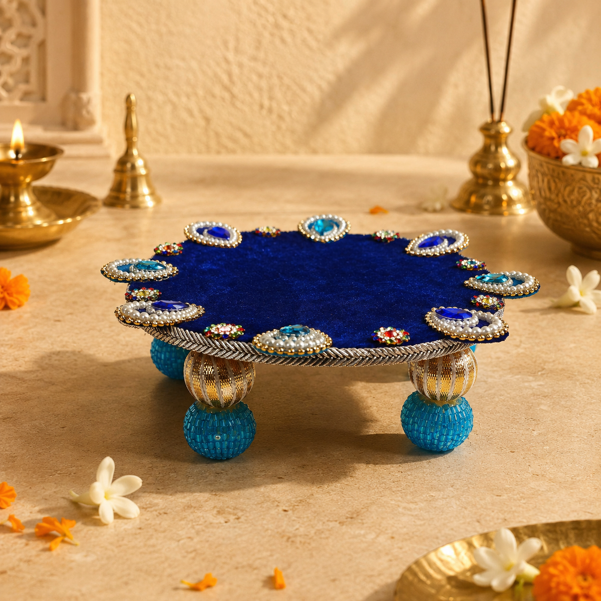Turquoise Mirror Mini Singhasan – 6 × 6 Inch – measurement