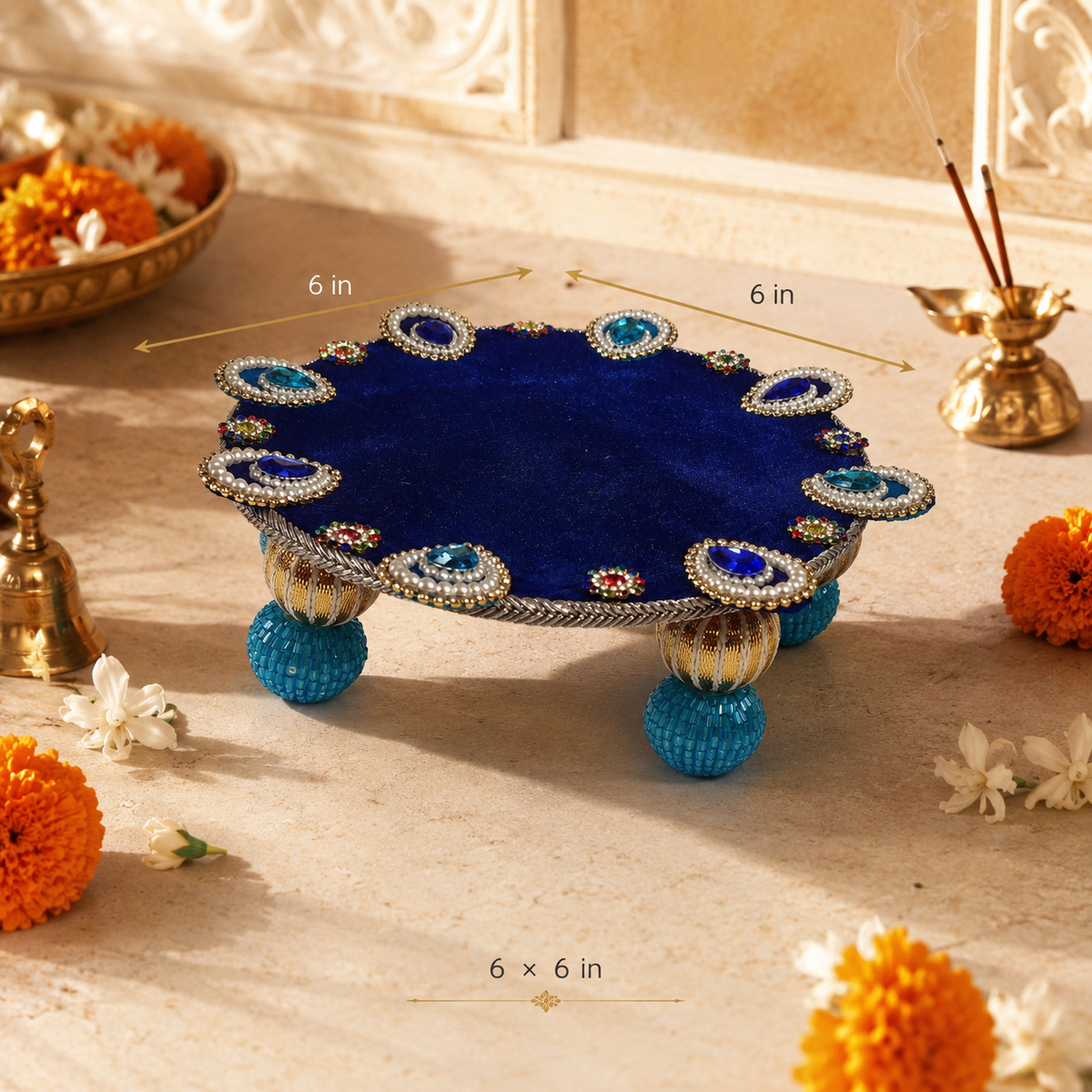 Turquoise Mirror Mini Singhasan – 6 × 6 Inch – top view
