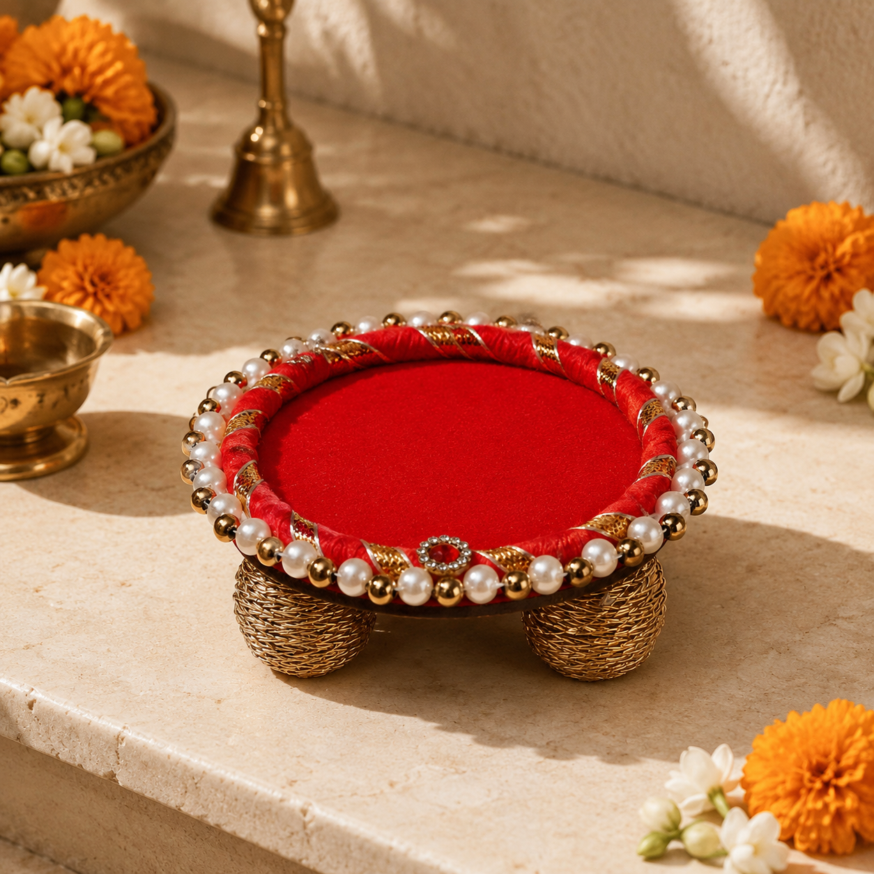 Red Pearl Border Mini Singhasan – 3 Inch – angle view