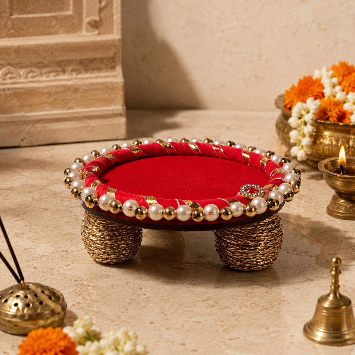 Red Pearl Border Mini Singhasan – 3 Inch – low angle view