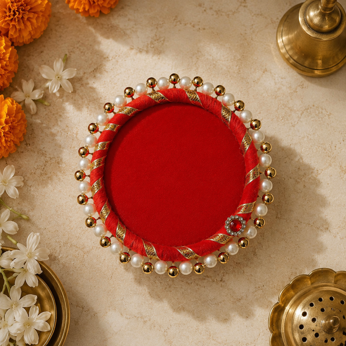 Red Pearl Border Mini Singhasan – 3 Inch – top view