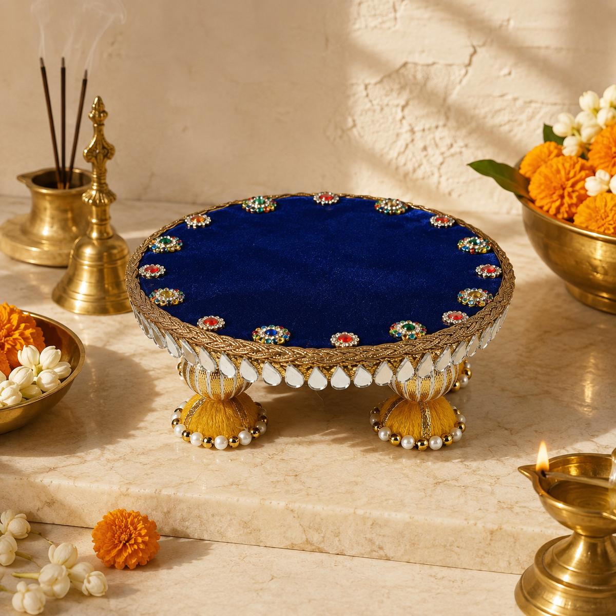 Royal Blue Mirror Fringe Mini Singhasan – 6 Inch – front view