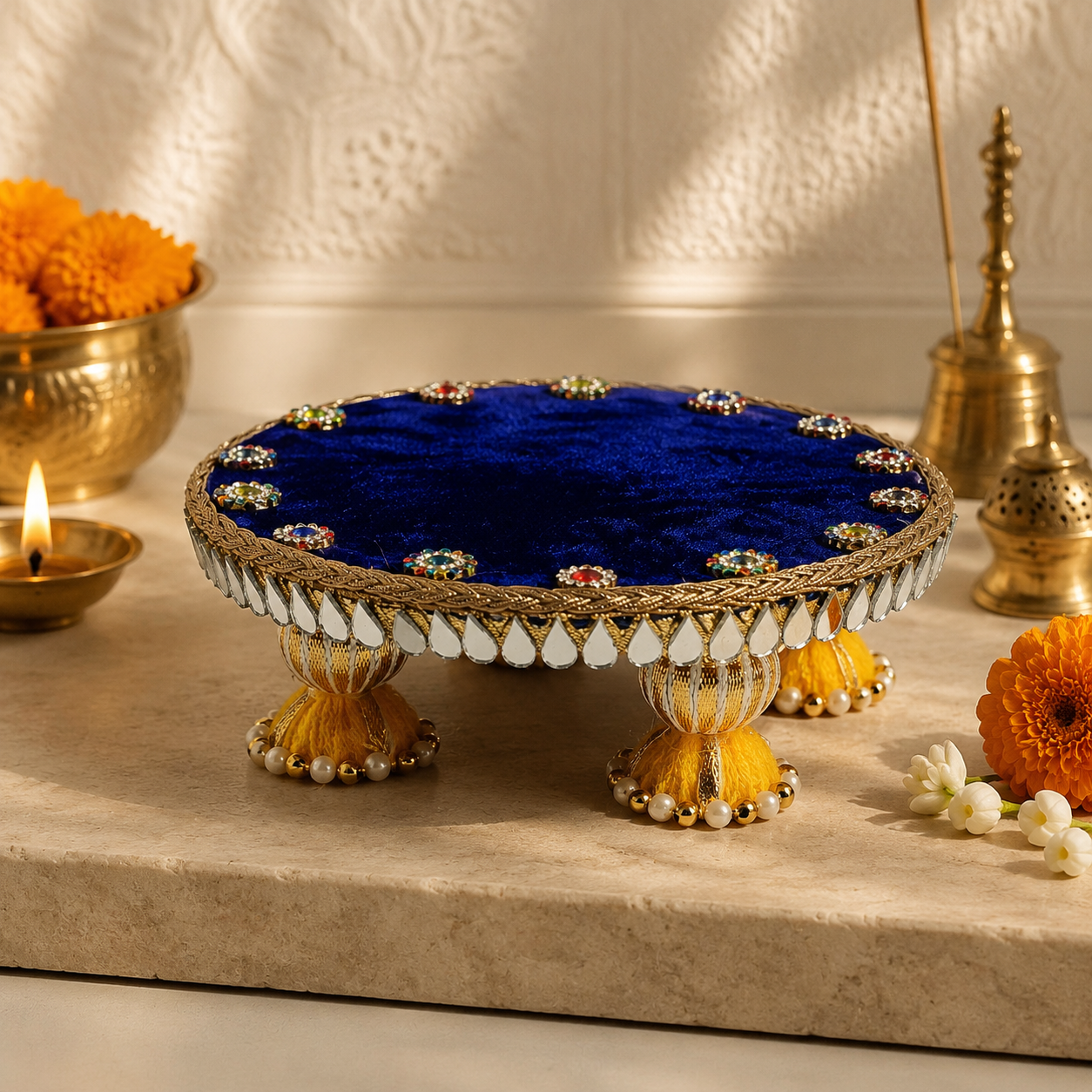 Royal Blue Mirror Fringe Mini Singhasan – 6 Inch – low angle view