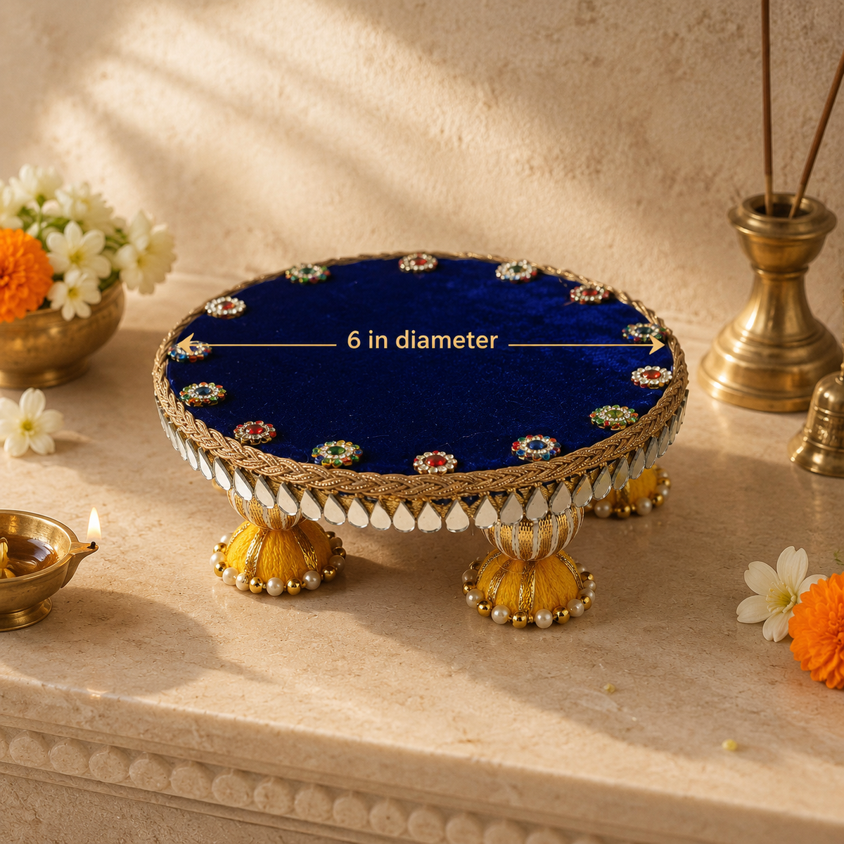 Royal Blue Mirror Fringe Mini Singhasan – 6 Inch – measurement