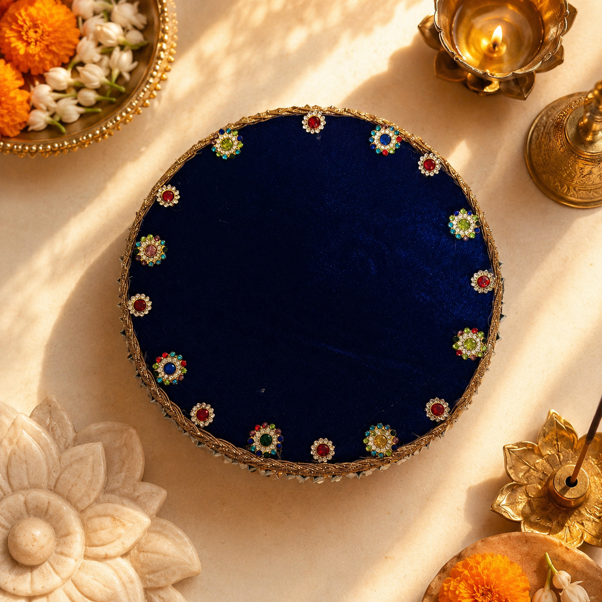 Royal Blue Mirror Fringe Mini Singhasan – 6 Inch – top view