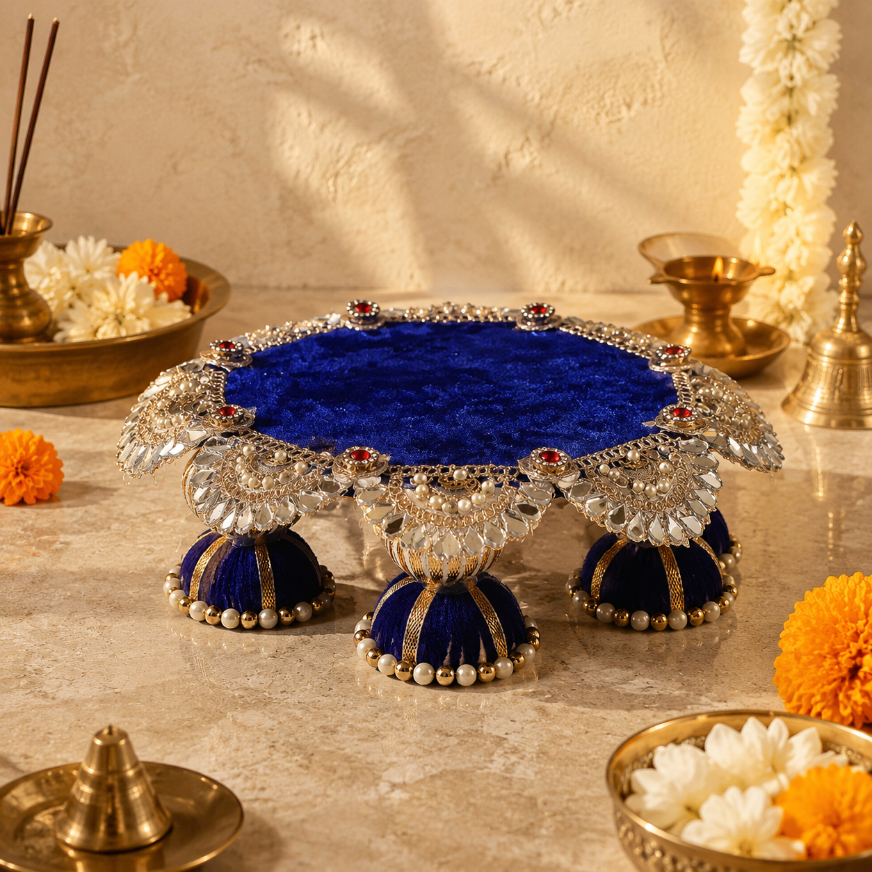 Royal Blue Fan Mirror Mini Singhasan – 6 Inch – front view