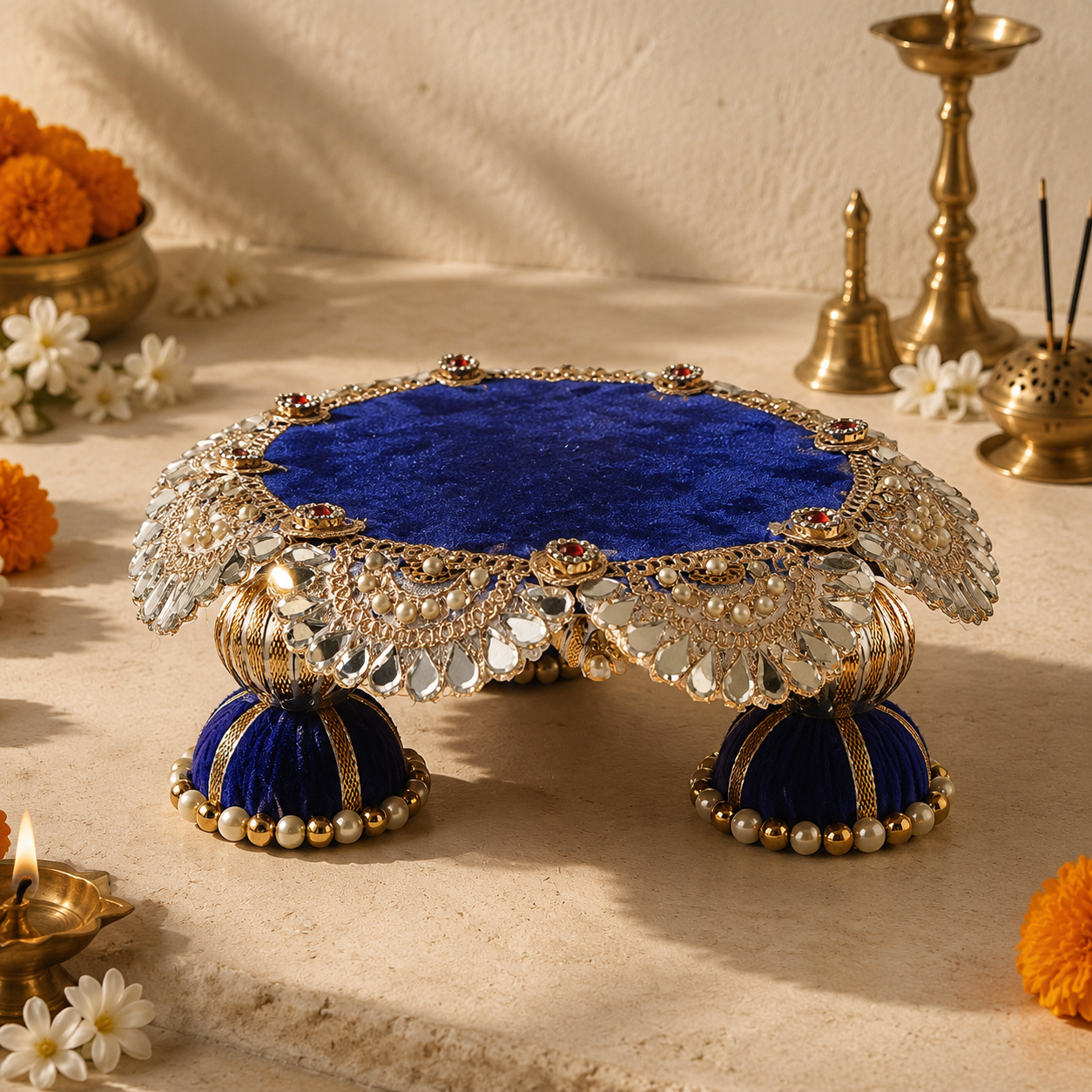 Royal Blue Fan Mirror Mini Singhasan – 6 Inch – low angle view