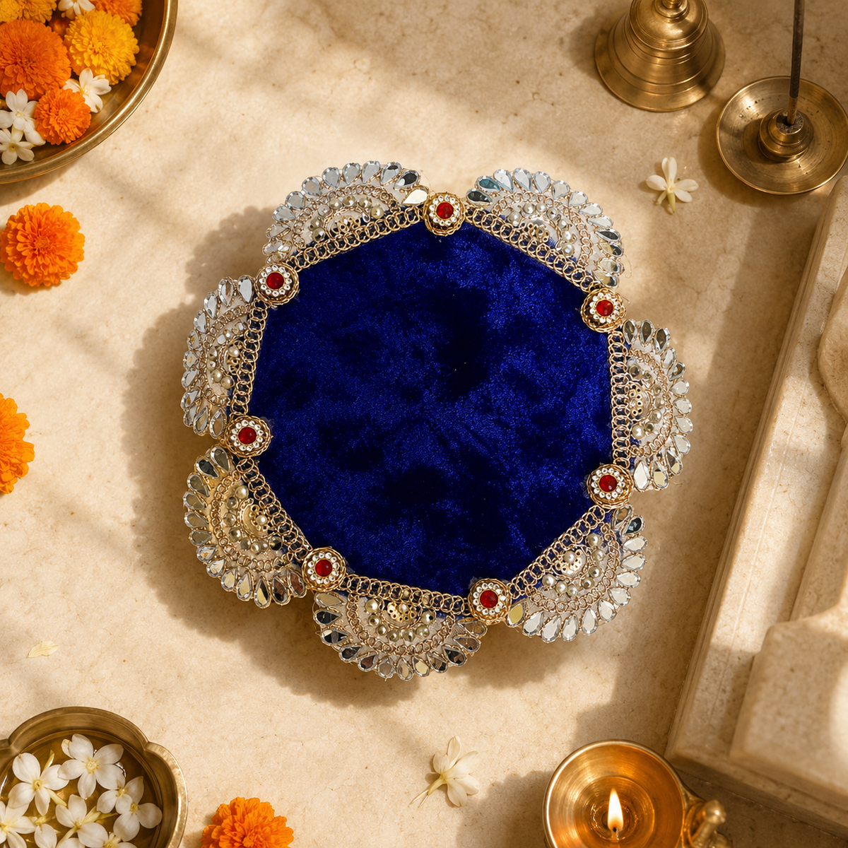 Royal Blue Fan Mirror Mini Singhasan – 6 Inch – top view