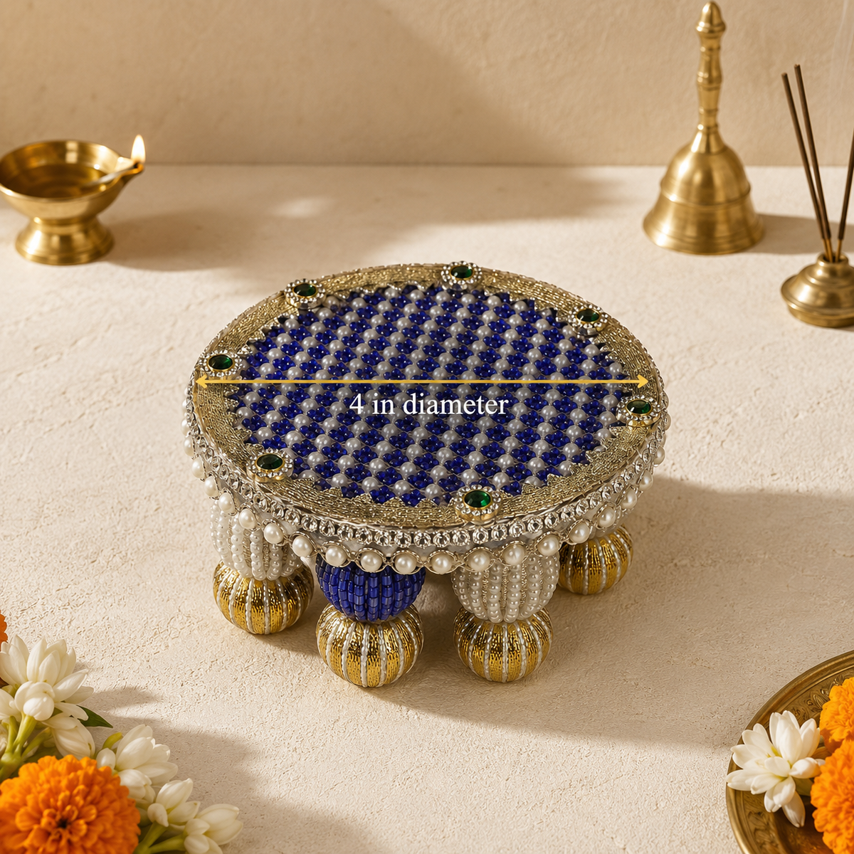 Blue Crystal Pearl Lattice Mini Singhasan – 4 Inch – measurement
