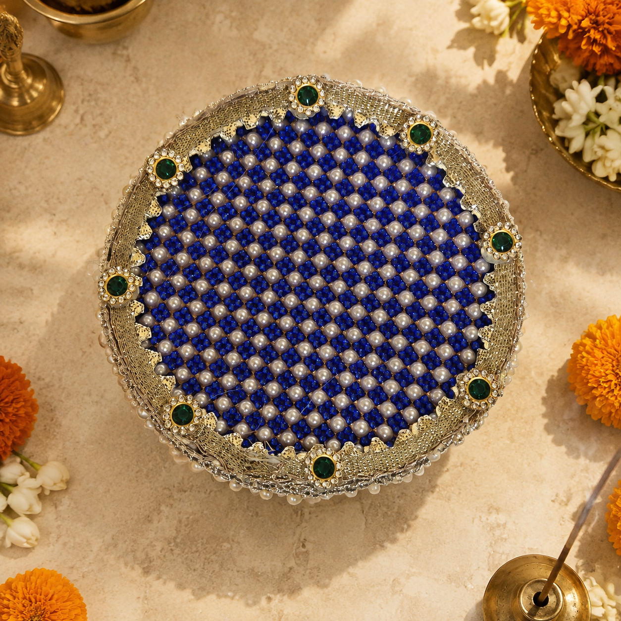 Blue Crystal Pearl Lattice Mini Singhasan – 4 Inch – top view