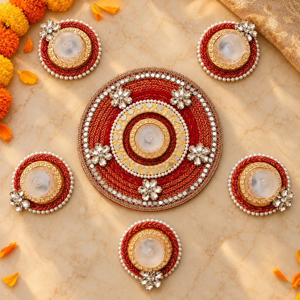 Red and gold mirrorwork rangoli with five matching small candle holders, overhead view