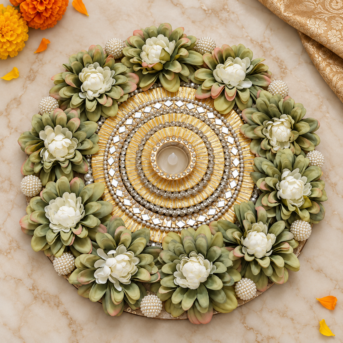 Sage Pushp Floral Rangoli — overhead view