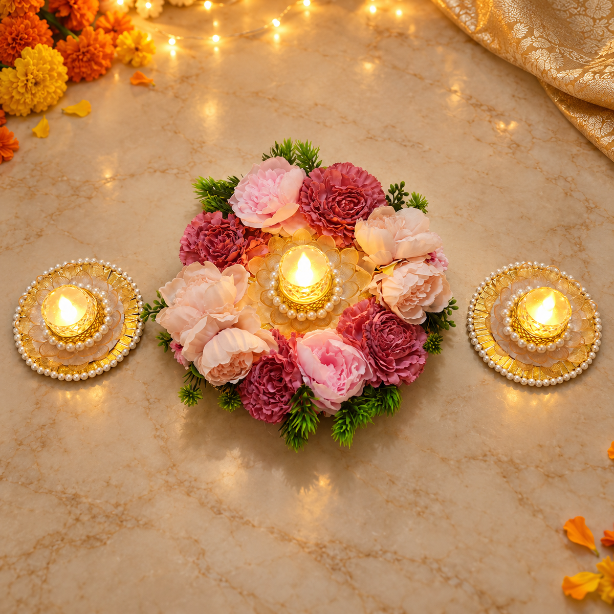 Gulabi Pushp Floral Rangoli Set — evening view