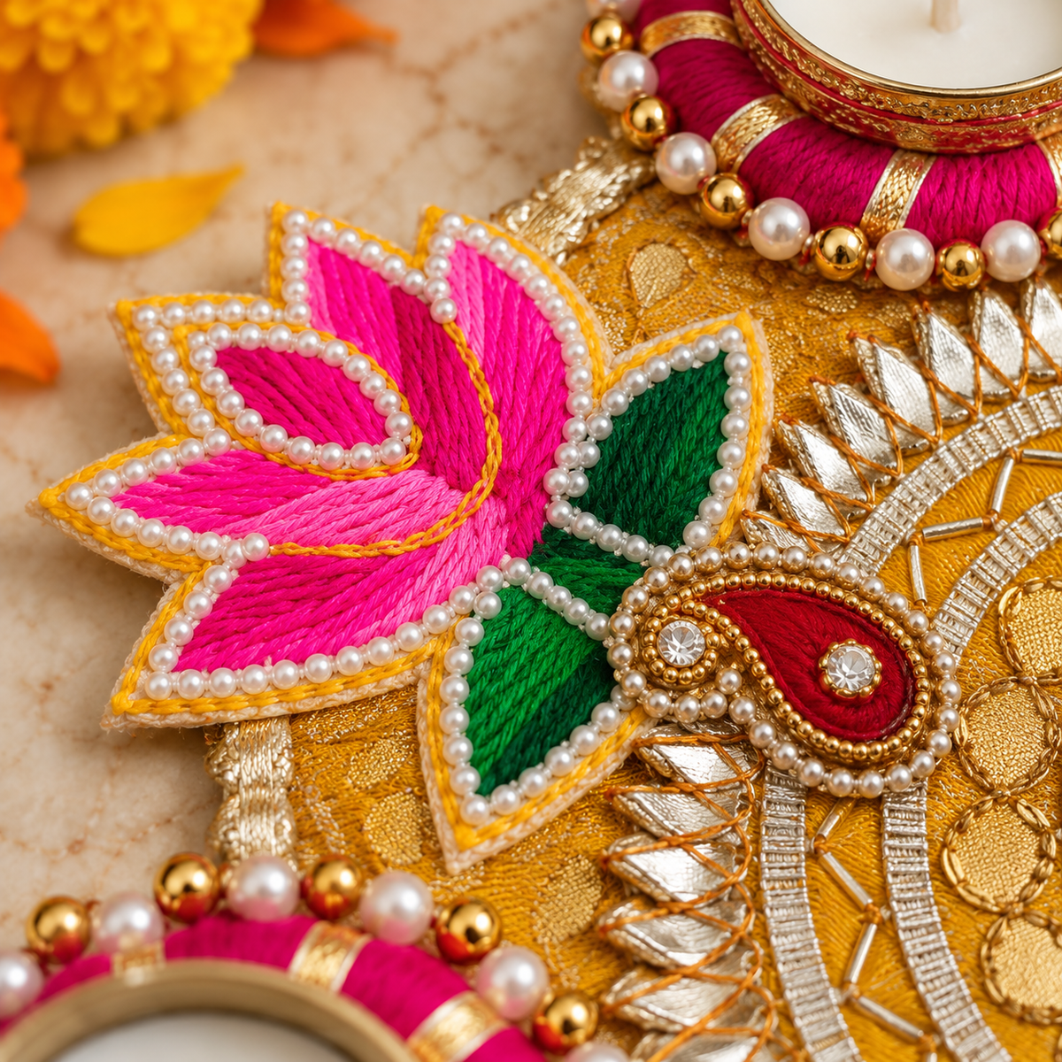 Gulabi Kamal Gota Rangoli — detail view
