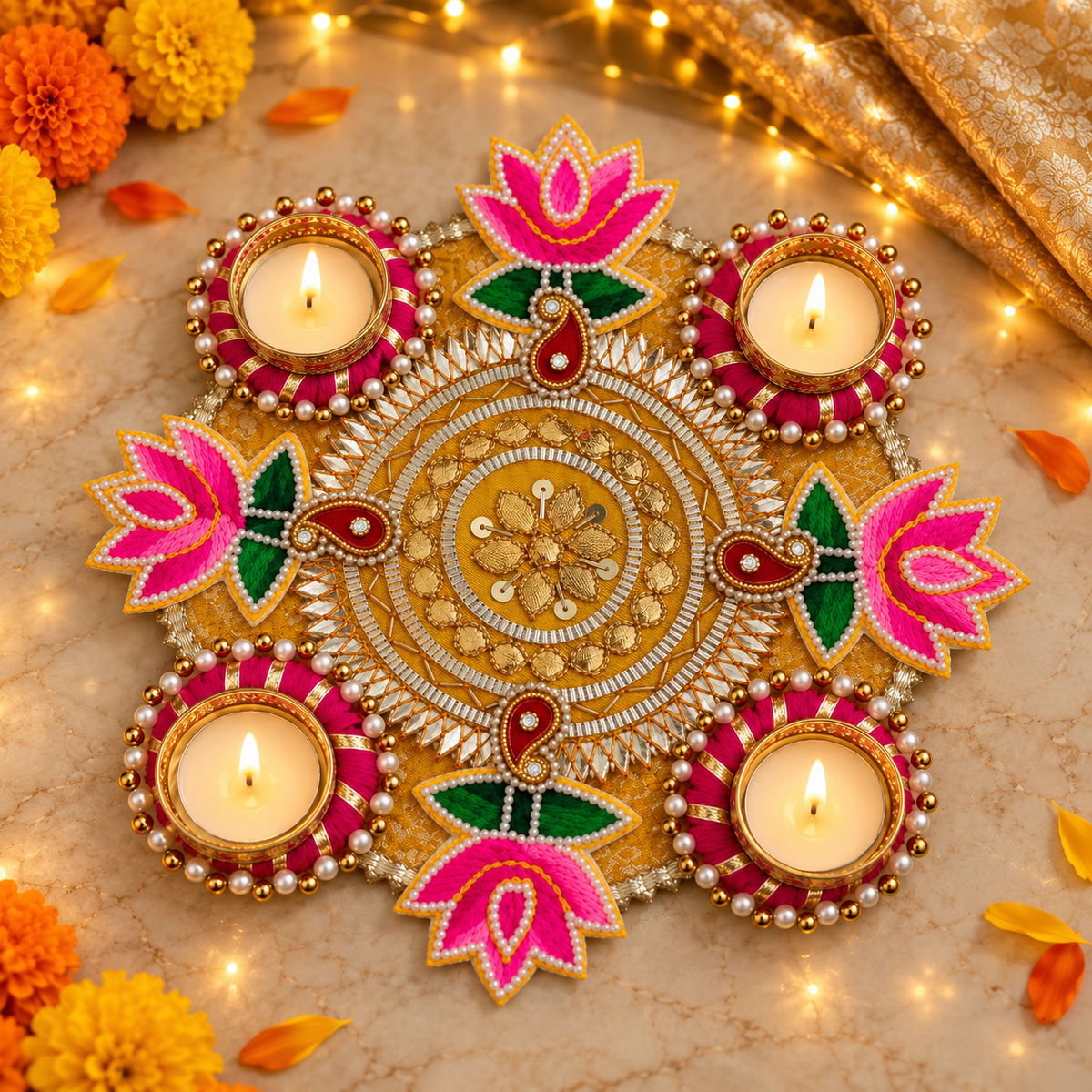 Gulabi Kamal Gota Rangoli — evening view