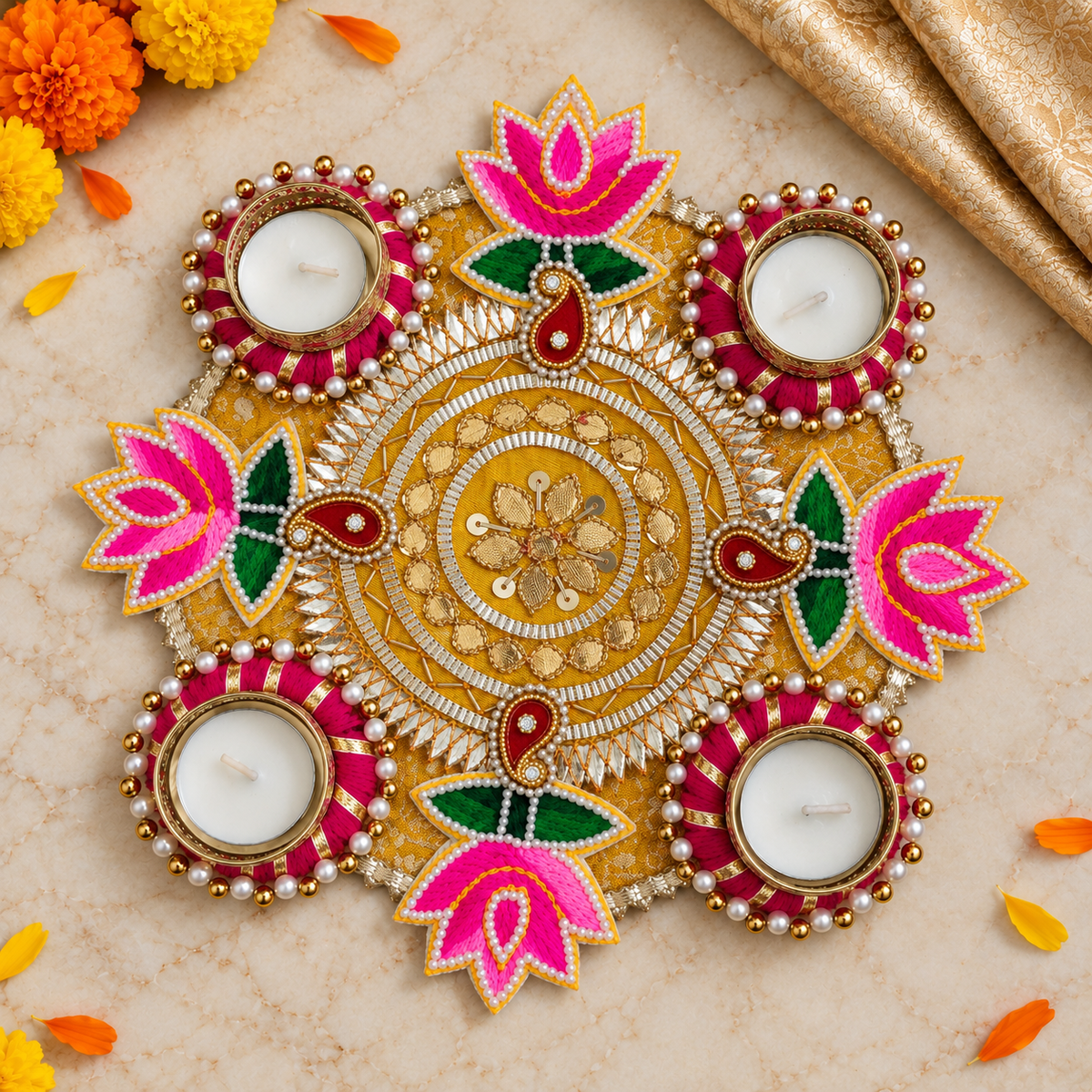 Gulabi Kamal Gota Rangoli — overhead view