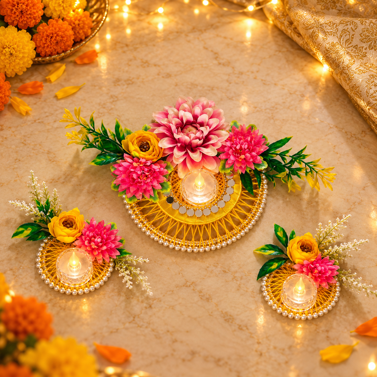 Peeli Gulabi Pushp Rangoli Set — evening view