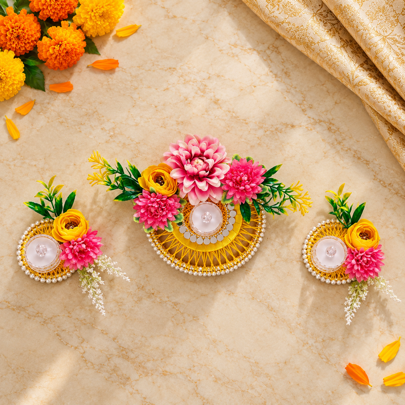 Peeli Gulabi Pushp Rangoli Set — overhead view