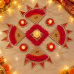 Laal Pushp Darpan Rangoli Set with LED Lights — evening view