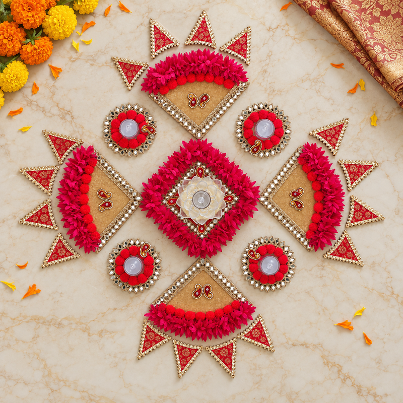 Laal Pushp Darpan Rangoli Set with LED Lights — overhead view
