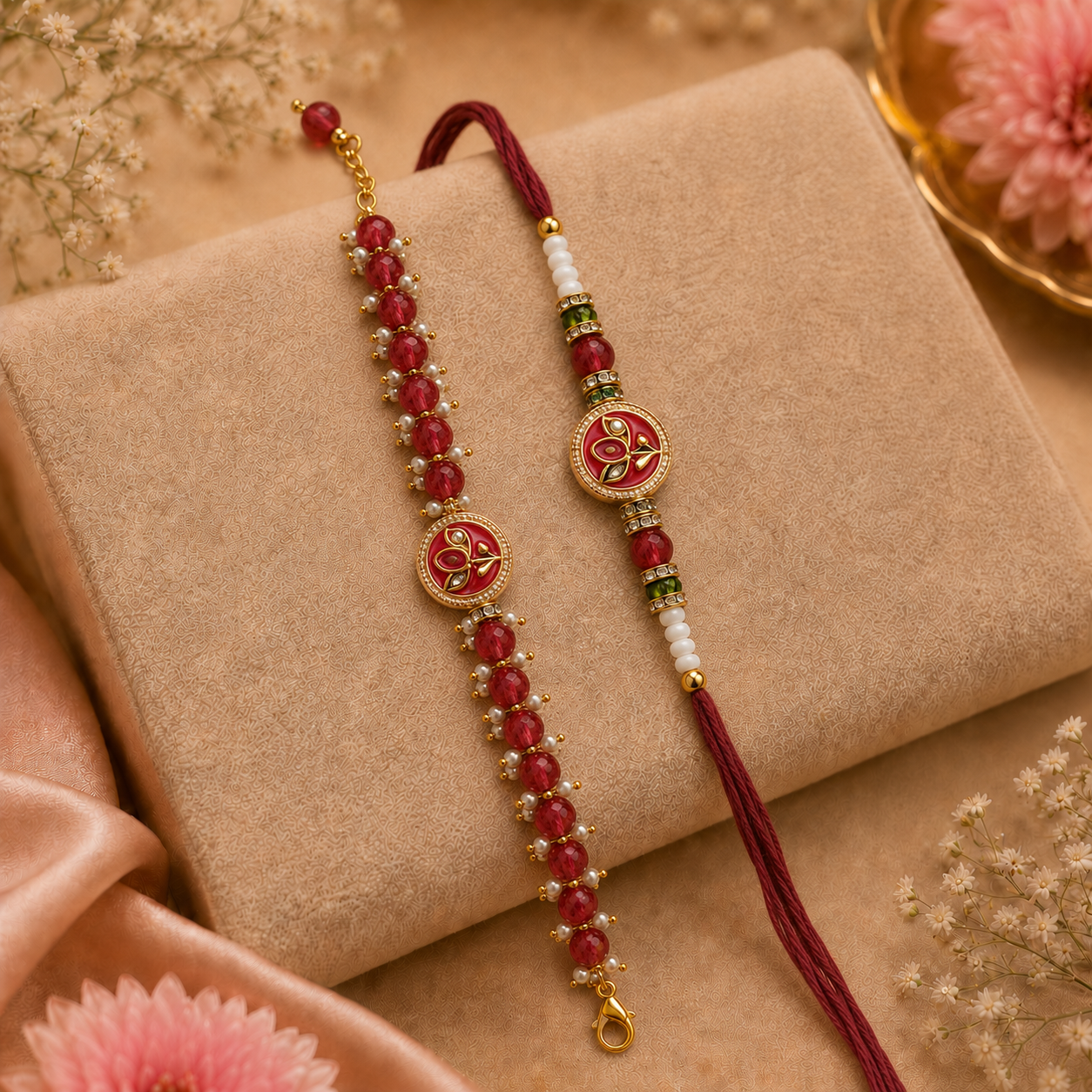 Ruby Red Lotus Meenakari Rakhi & Beaded Bracelet Set for Brother - image 2