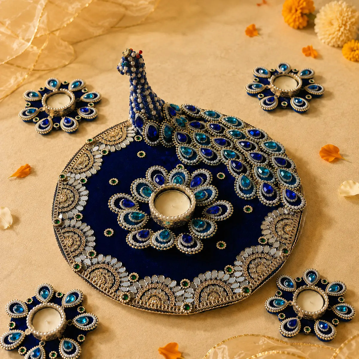 Round Peacock Décor Set in a festive marble setting