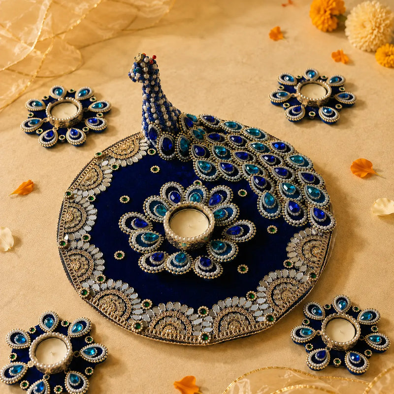 Round Peacock Décor Set in a festive marble setting