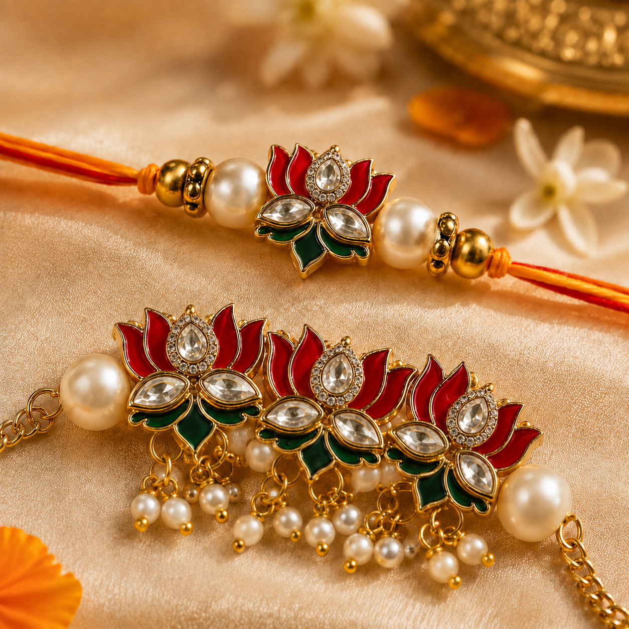 Ruby Red Lotus Kundan Rakhi and Bracelet Set for Brother - close-up
