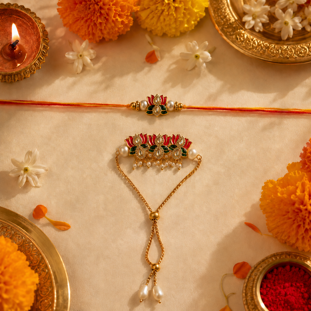 Ruby Red Lotus Kundan Rakhi and Bracelet Set for Brother - full view