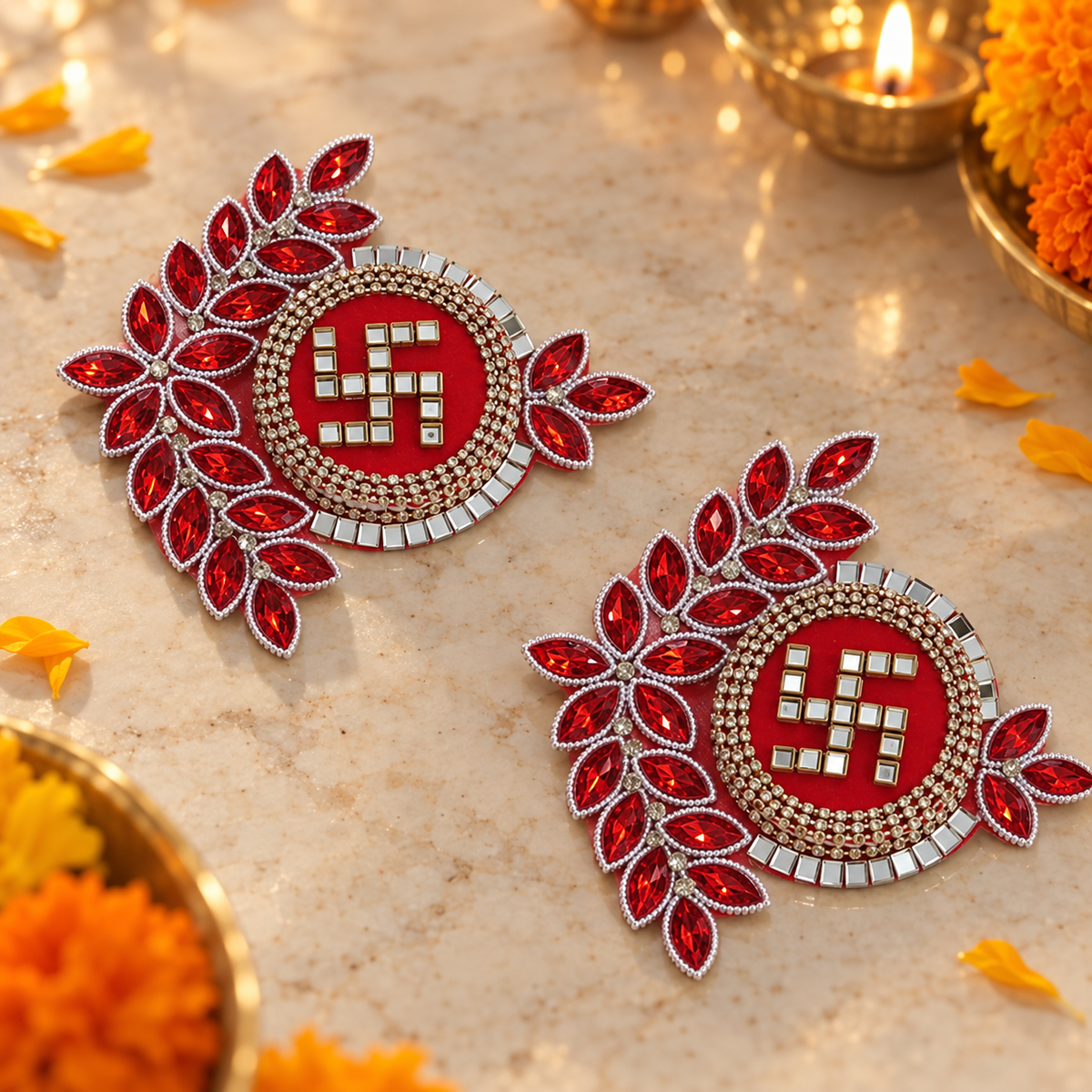 Crimson Crystal Swastik Decorative Pair diagonal view