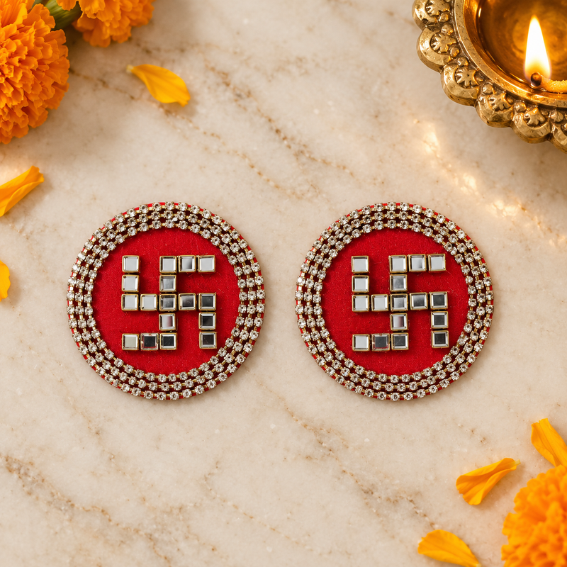 Red Mirror Swastik Decorative Pair overhead view