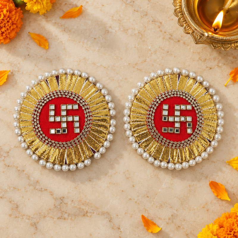 Golden Pearl Swastik Decorative Pair overhead view