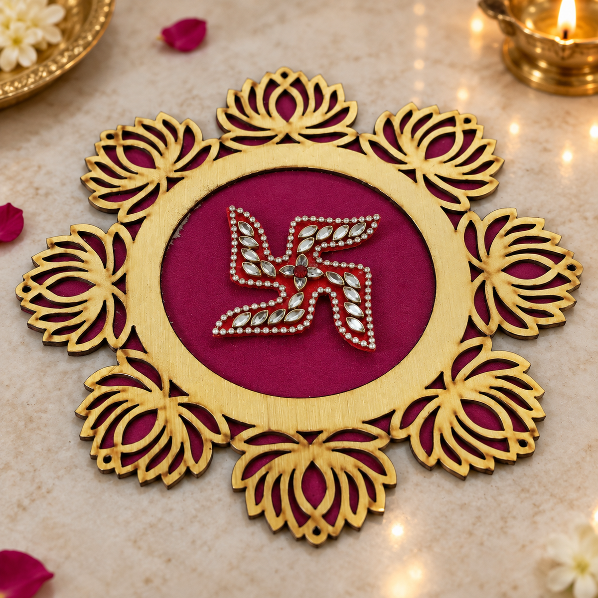 Magenta Lotus Swastik Rangoli detail view