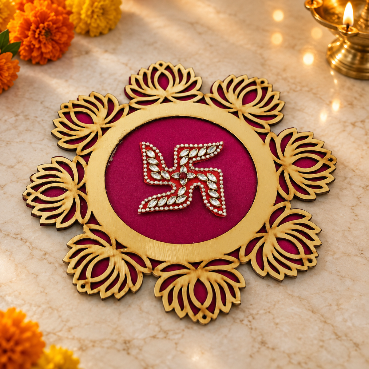 Magenta Lotus Swastik Rangoli diagonal view