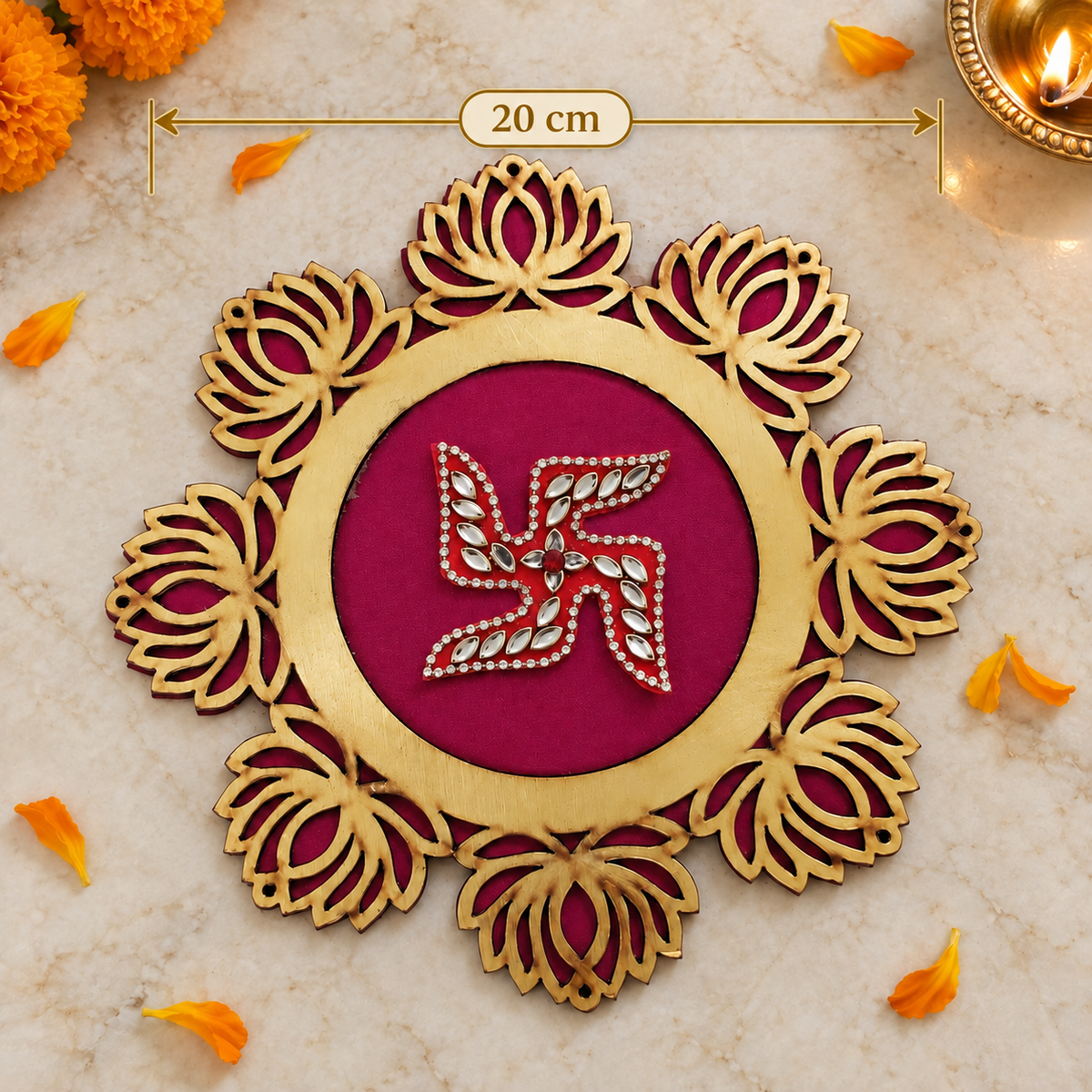 Magenta Lotus Swastik Rangoli 20 cm measurement